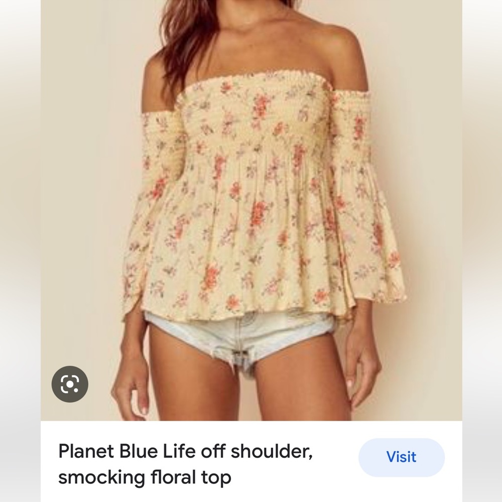 Blue life yellow smocked off the shoulder top